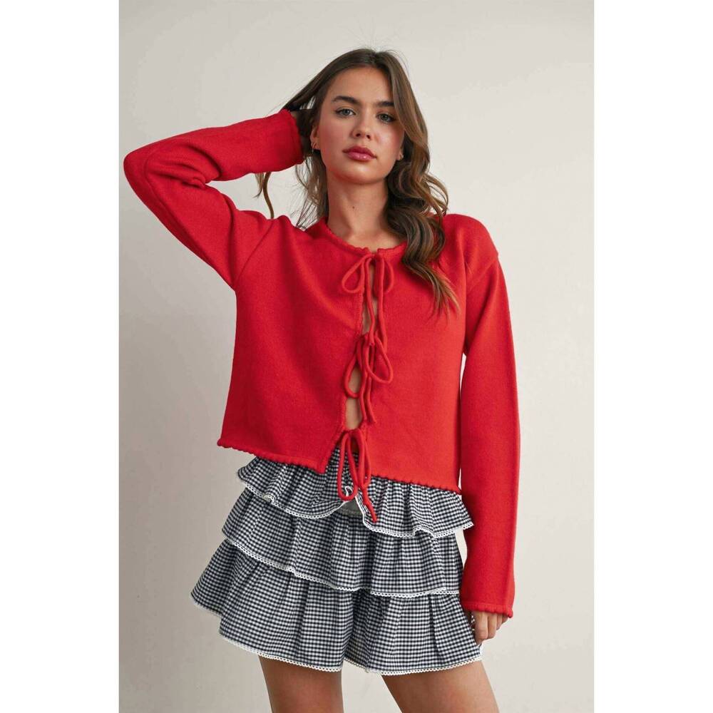 NEW BUTTERMELON hattie front tie long sleeve sweater in red